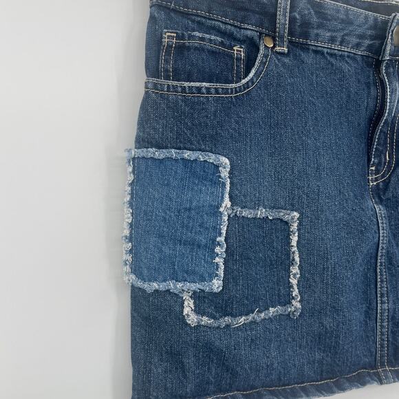 Vintage Y2K Joe Boxer Patchwork Denim Mini Skirt Sz 7 Retro Frayed Jean Festival - Picture 2 of 7